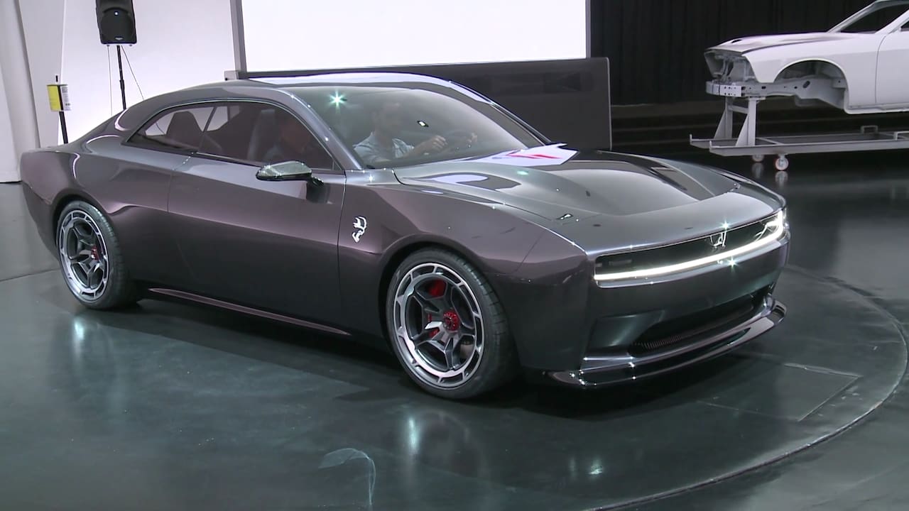 Dodge electric muscle car concept front three quarter live image