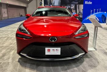 2023 Toyota Mirai displayed in Supersonic Red before MY2024 stocks arrive