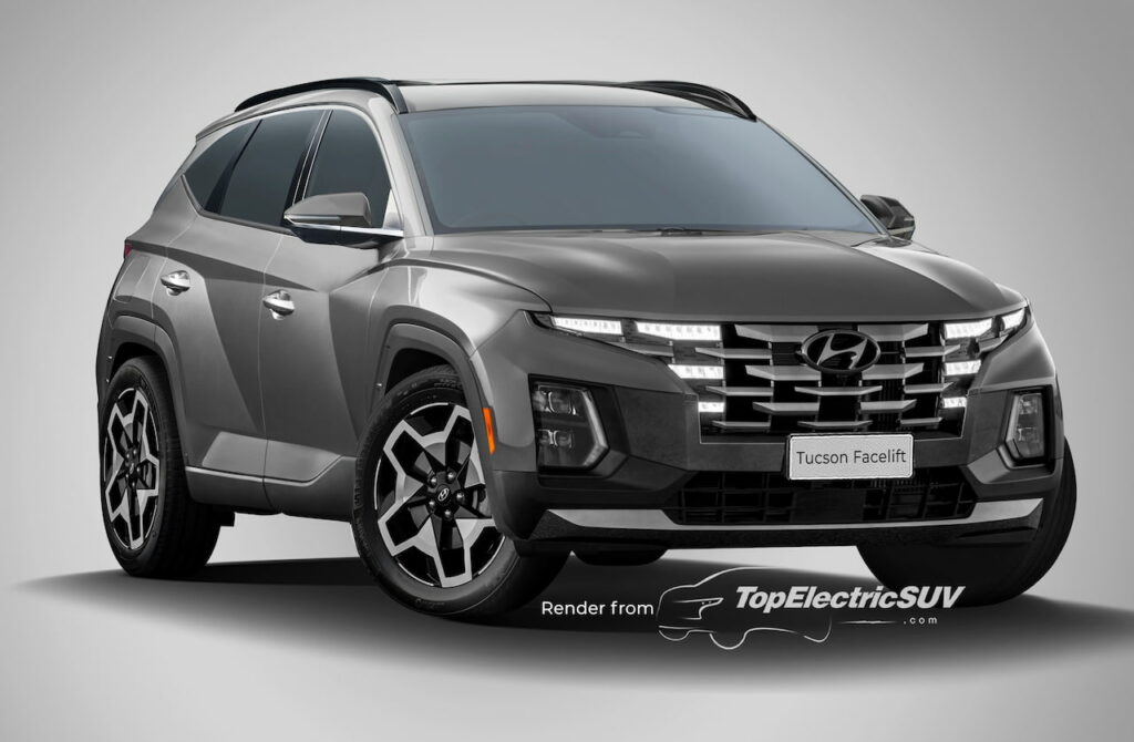 New Hyundai Tuscon Hybrid (2024) facelift illustration gray front