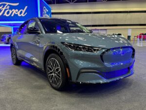 2024 Ford Mustang Mach-E Premium Vapor Blue Metallic front three quarter