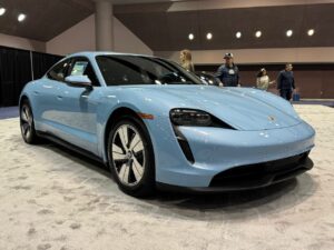 2024 Porsche Taycan Frozen Blue Metallic front three quarter