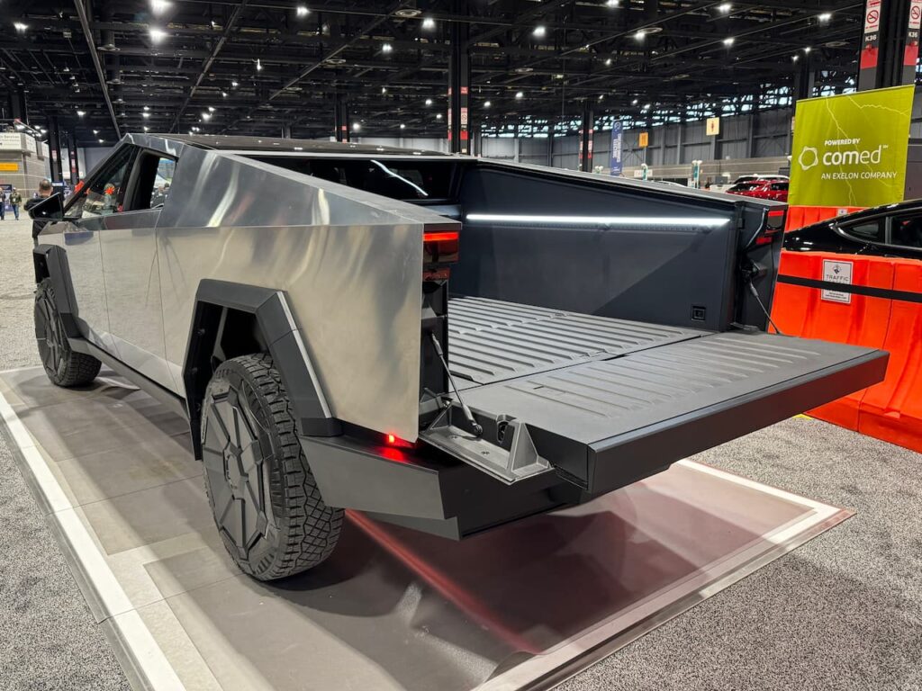Tesla Cybertruck bed tailgate open 2024 Chicago Auto Show