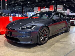 Tesla Model S Plaid Stealth Grey front three quarter
